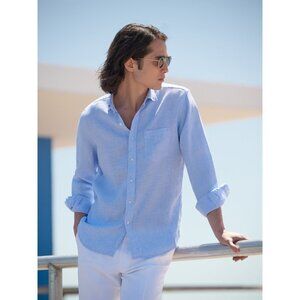 Charles TyrWhitt Classic Fit Blue 100% Linen Collared Long Sleeve Button Down XL